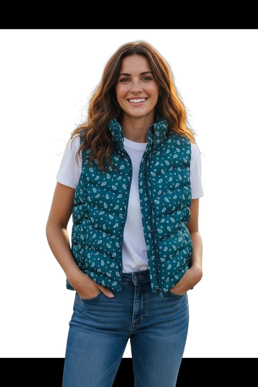 LANDS END Women's Petite 18 18P Down Puffer Vest Green White Gorpcore Bust 44"